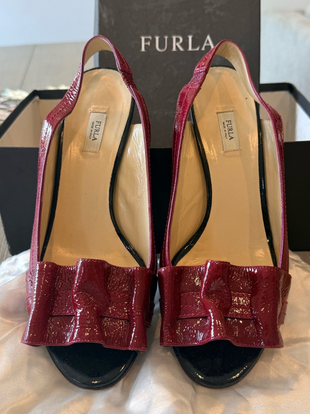 Furla Burgundy Patent Leather Slingback Pumps with Bow in Accent